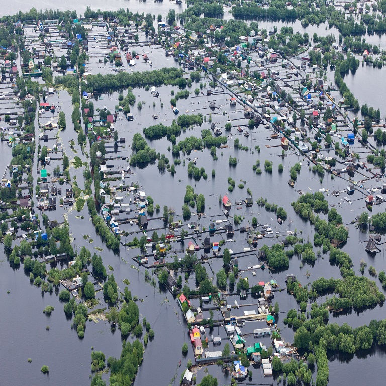 Ob River Flood June 2015 Aerial View of same houses in vicinity of Nizhnevartovsk, Tyumen region, Russia. Aerial view of the residential area of the suburb of Nizhnevartovsk during the flood of 2015.