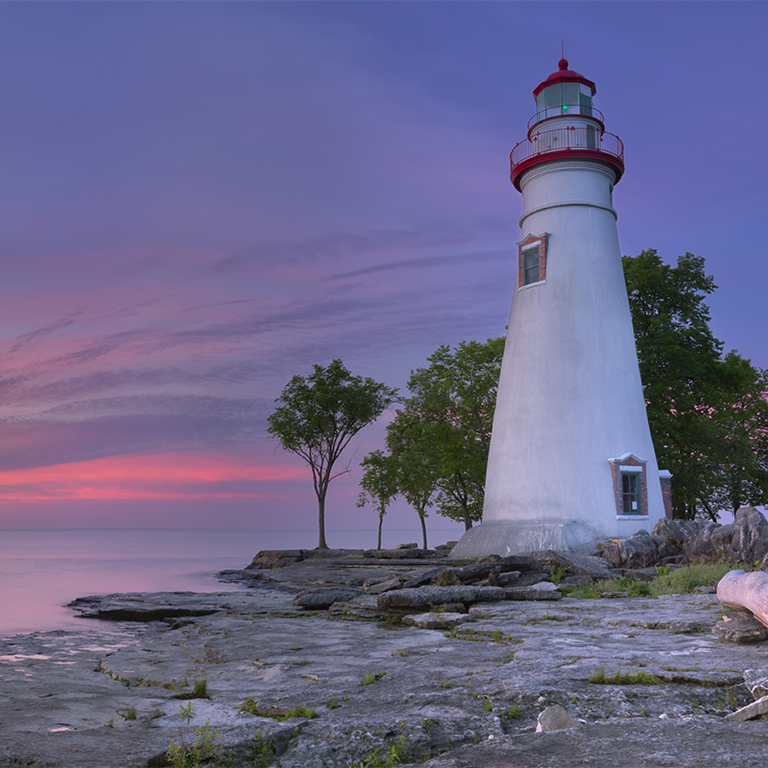 The Marblehead Lighthouse on the edge of Lake Erie in Ohio, USA. Photographed at sunrise.